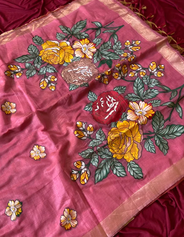 Premium_Soft_Muga_Cotton_sarees_with_Beautiful_Colourfull_Resham_Weaving_Flower_Design_Pallu_With_Attractive_All_Over_Resham_Weaving__Flower_Design_With_Zari_Weaving_Border_And_Contrast_Blouse_With_Fancy_Tassels