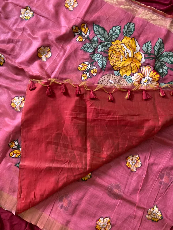 Premium_Soft_Muga_Cotton_sarees_with_Beautiful_Colourfull_Resham_Weaving_Flower_Design_Pallu_With_Attractive_All_Over_Resham_Weaving__Flower_Design_With_Zari_Weaving_Border_And_Contrast_Blouse_With_Fancy_Tassels
