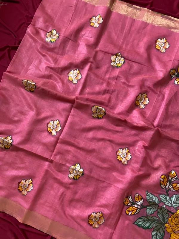 Premium_Soft_Muga_Cotton_sarees_with_Beautiful_Colourfull_Resham_Weaving_Flower_Design_Pallu_With_Attractive_All_Over_Resham_Weaving__Flower_Design_With_Zari_Weaving_Border_And_Contrast_Blouse_With_Fancy_Tassels