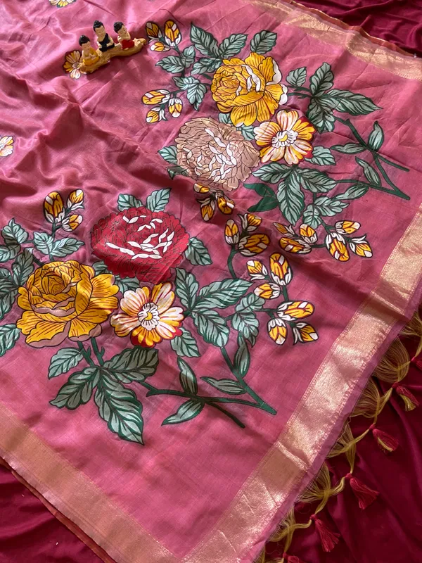 Premium_Soft_Muga_Cotton_sarees_with_Beautiful_Colourfull_Resham_Weaving_Flower_Design_Pallu_With_Attractive_All_Over_Resham_Weaving__Flower_Design_With_Zari_Weaving_Border_And_Contrast_Blouse_With_Fancy_Tassels