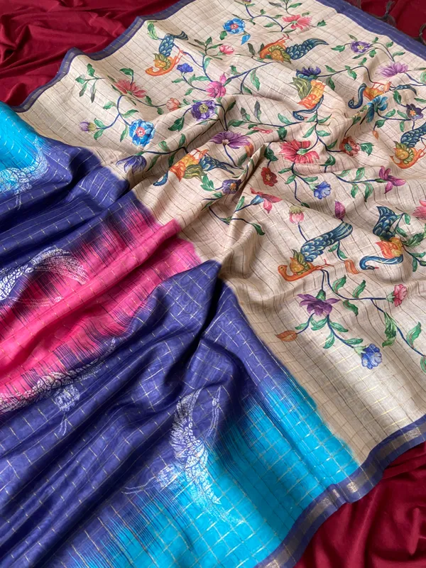 Soft_Tussar_Silk_sarees_with_Beautiful_Style_Of_Kalamkari_Digital_Print_With_Attractive_Border_And_Contrast_Print_Blouse_With_Tassels