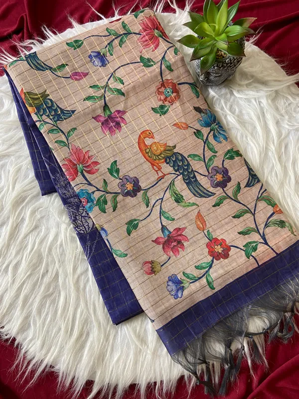 Soft_Tussar_Silk_sarees_with_Beautiful_Style_Of_Kalamkari_Digital_Print_With_Attractive_Border_And_Contrast_Print_Blouse_With_Tassels