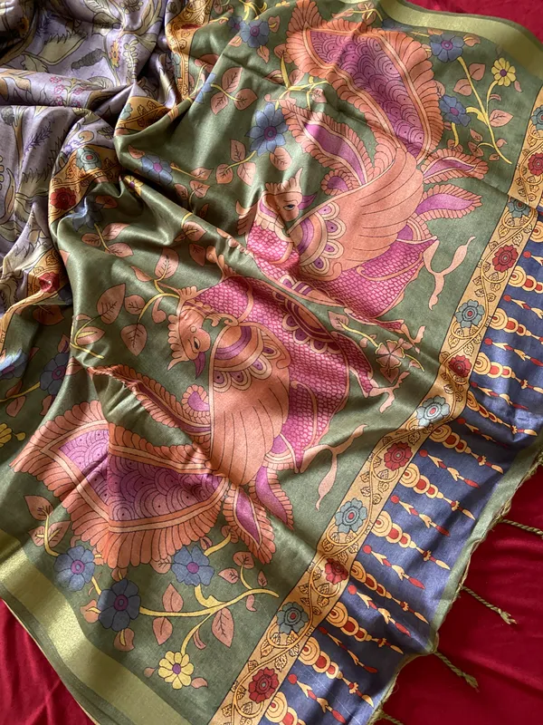 Soft_Tussar_Silk_sarees_with_Beautiful_Style_Of_Kalamkari_Digital_Print_With_Attractive_Border_And_Contrast_Print_Blouse_With_Tassels