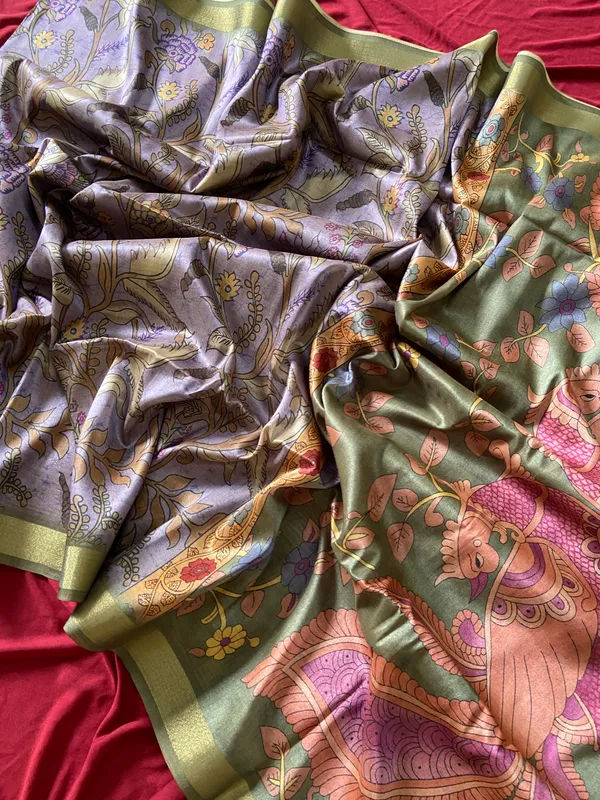 Soft_Tussar_Silk_sarees_with_Beautiful_Style_Of_Kalamkari_Digital_Print_With_Attractive_Border_And_Contrast_Print_Blouse_With_Tassels
