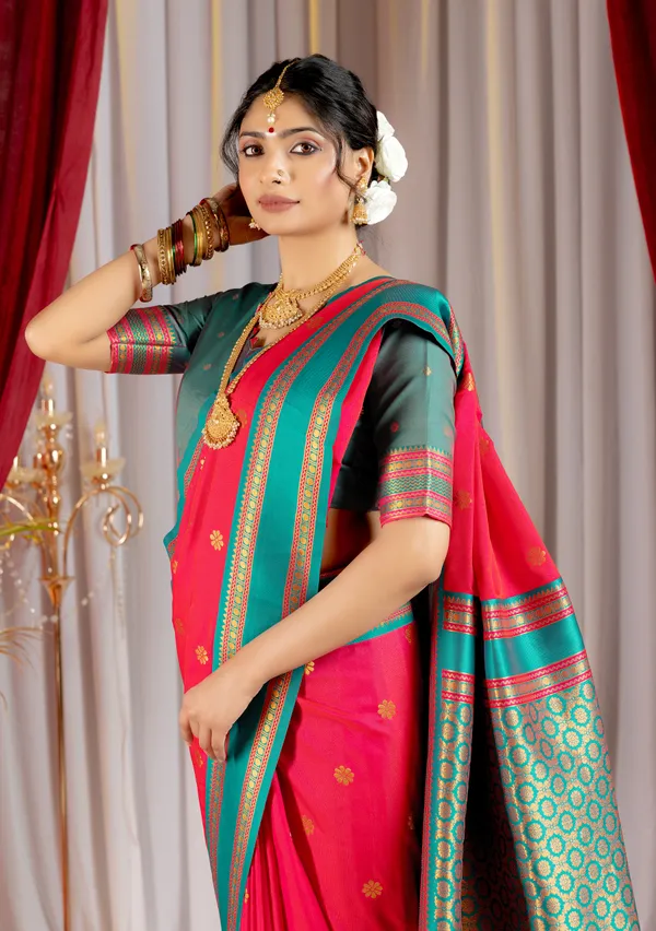 Narayana_Pattu_Narayanpet_Silk_sarees_with_Beautiful_Booti_in_Contrast_Rama-Pink_Shades_With_Attractive_Weaving_Gold_Zari_Design_And_Contrast_Blouse_With_Tassels