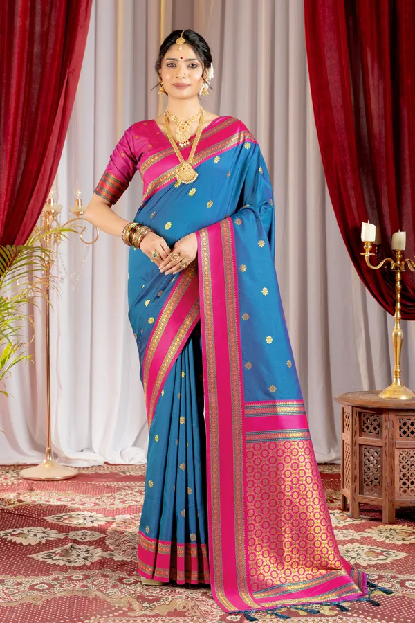 Narayana_Pattu_Narayanpet_Silk_sarees_with_Beautiful_Booti_in_Contrast_Pink-Blue_Shades_With_Attractive_Weaving_Gold_Zari_Design_And_Contrast_Blouse_With_Tassels