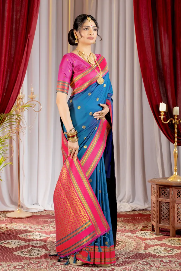 Narayana_Pattu_Narayanpet_Silk_sarees_with_Beautiful_Booti_in_Contrast_Pink-Blue_Shades_With_Attractive_Weaving_Gold_Zari_Design_And_Contrast_Blouse_With_Tassels