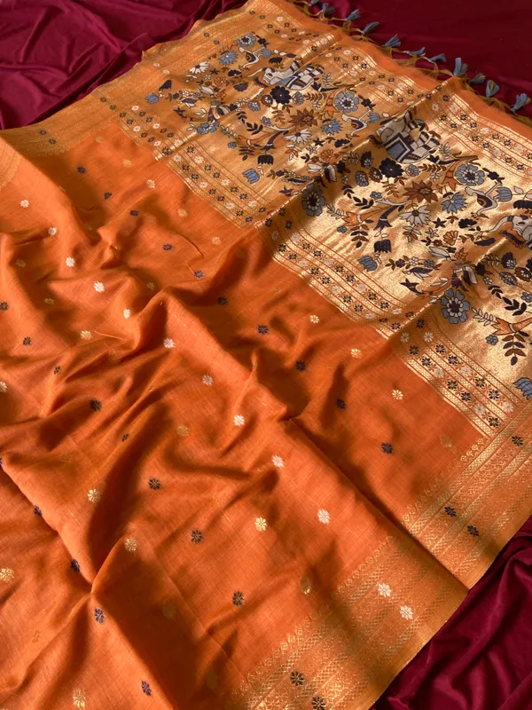 Premium_Soft_Muga_Cotton_Paithani_sarees_with_Beautiful_colourfull_3D_Woven_Elephant_Design_Pallu_With_Attractive_All_Over_Resham_Weaving_Butti_Design_With_Zari_Weaving_Border_And_Resham_Weaving_Butti_Blouse_With_Fancy_Tassels