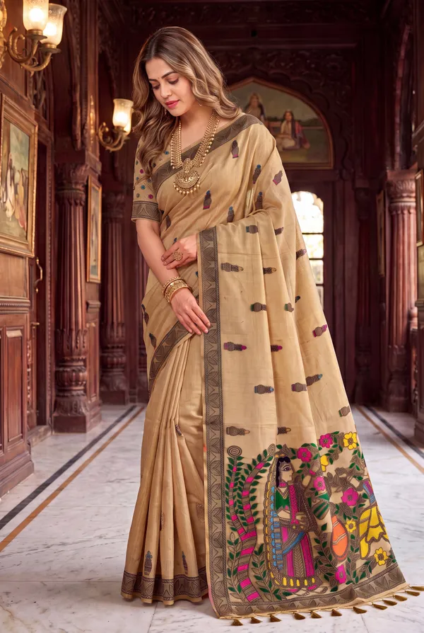 Premium_Soft_Muga_Cotton_sarees_with_Beautiful_?Colourfull_Resham_Weaving_Kalamkari_Design_Pallu_With_Attractive_All_Over_Resham_Weaving_Matka_Design_With_Resham_Weaving_Border_And_Resham_Weaving_Butti_Design_Blouse_With_Fancy_Tassels