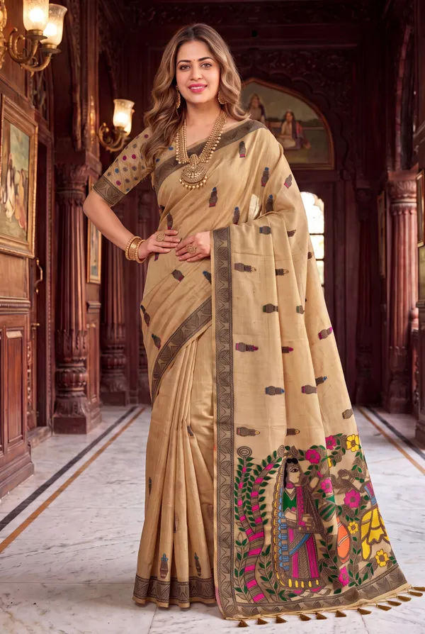 Premium_Soft_Muga_Cotton_sarees_with_Beautiful_?Colourfull_Resham_Weaving_Kalamkari_Design_Pallu_With_Attractive_All_Over_Resham_Weaving_Matka_Design_With_Resham_Weaving_Border_And_Resham_Weaving_Butti_Design_Blouse_With_Fancy_Tassels