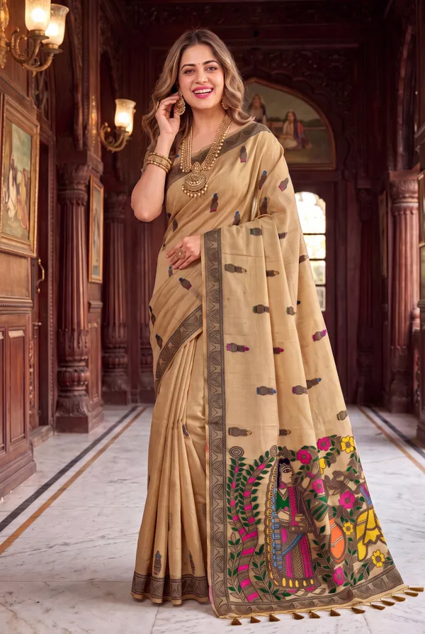 Premium_Soft_Muga_Cotton_sarees_with_Beautiful_?Colourfull_Resham_Weaving_Kalamkari_Design_Pallu_With_Attractive_All_Over_Resham_Weaving_Matka_Design_With_Resham_Weaving_Border_And_Resham_Weaving_Butti_Design_Blouse_With_Fancy_Tassels