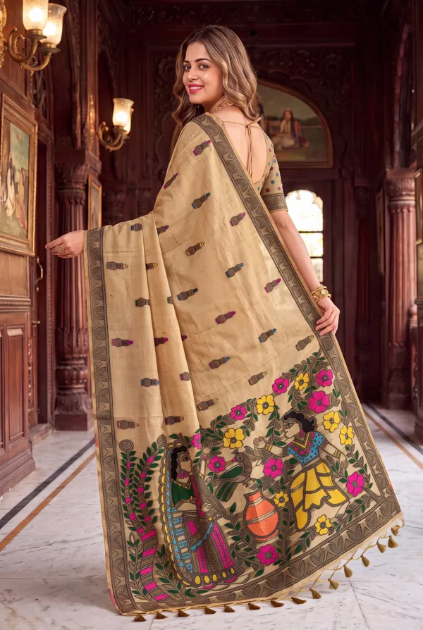 Premium_Soft_Muga_Cotton_sarees_with_Beautiful_?Colourfull_Resham_Weaving_Kalamkari_Design_Pallu_With_Attractive_All_Over_Resham_Weaving_Matka_Design_With_Resham_Weaving_Border_And_Resham_Weaving_Butti_Design_Blouse_With_Fancy_Tassels