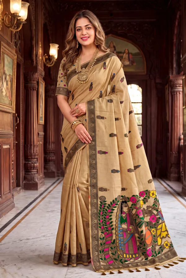 Premium_Soft_Muga_Cotton_sarees_with_Beautiful_?Colourfull_Resham_Weaving_Kalamkari_Design_Pallu_With_Attractive_All_Over_Resham_Weaving_Matka_Design_With_Resham_Weaving_Border_And_Resham_Weaving_Butti_Design_Blouse_With_Fancy_Tassels