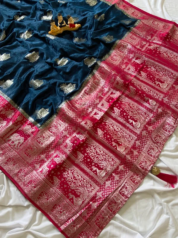 Banarasi_Pure_Satin_Silk_sarees_with_Beautiful_Elephant_in_Contrast_Pink-Blue_Shades_With_Attractive_Weaving_Gold_Zari_Design_And_Contrast_Blouse_With_Tassels