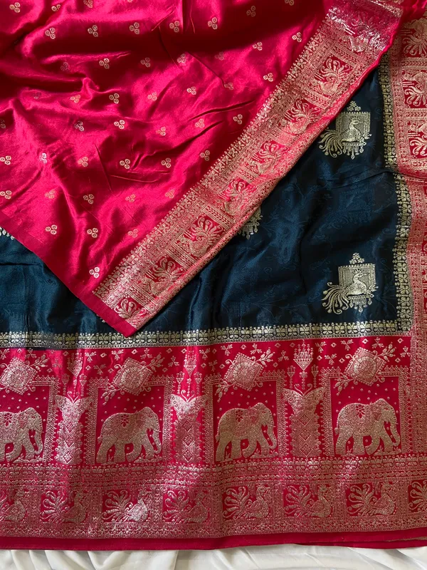 Banarasi_Pure_Satin_Silk_sarees_with_Beautiful_Elephant_in_Contrast_Pink-Blue_Shades_With_Attractive_Weaving_Gold_Zari_Design_And_Contrast_Blouse_With_Tassels