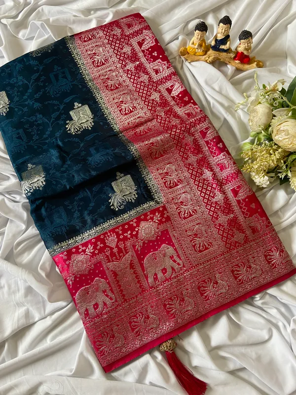 Banarasi_Pure_Satin_Silk_sarees_with_Beautiful_Elephant_in_Contrast_Pink-Blue_Shades_With_Attractive_Weaving_Gold_Zari_Design_And_Contrast_Blouse_With_Tassels