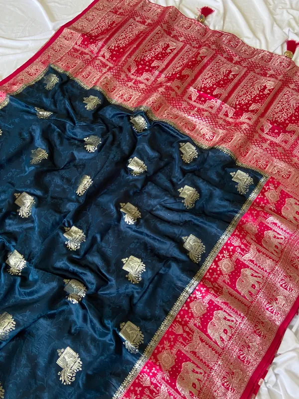 Banarasi_Pure_Satin_Silk_sarees_with_Beautiful_Elephant_in_Contrast_Pink-Blue_Shades_With_Attractive_Weaving_Gold_Zari_Design_And_Contrast_Blouse_With_Tassels