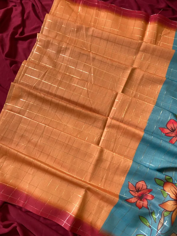 Soft_Semi_Tussar_Silk_sarees_with_Beautiful_Digital_Print_With_Attractive_Border_And_Contrast_Print_Blouse_With_Tassels
