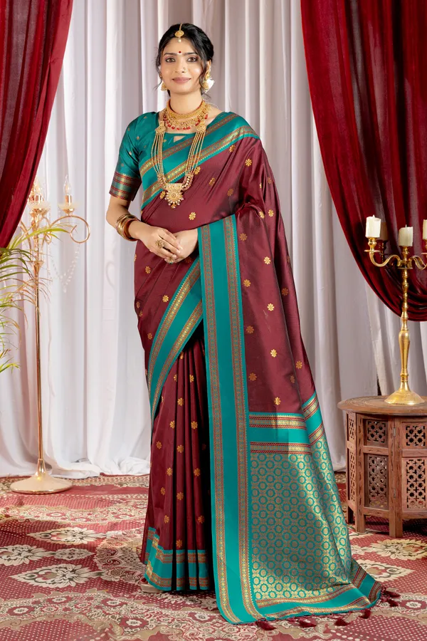 Narayana_Pattu_Narayanpet_Silk_sarees_with_Beautiful_Booti_in_Contrast_Rama-Maroon_Shades_With_Attractive_Weaving_Gold_Zari_Design_And_Contrast_Blouse_With_Tassels