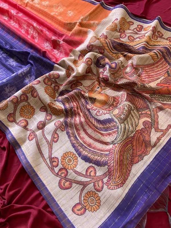 Soft_Tussar_Silk_sarees_with_Beautiful_Style_Of_Kalamkari_Digital_Print_With_Attractive_Border_And_Contrast_Print_Blouse_With_Tassels