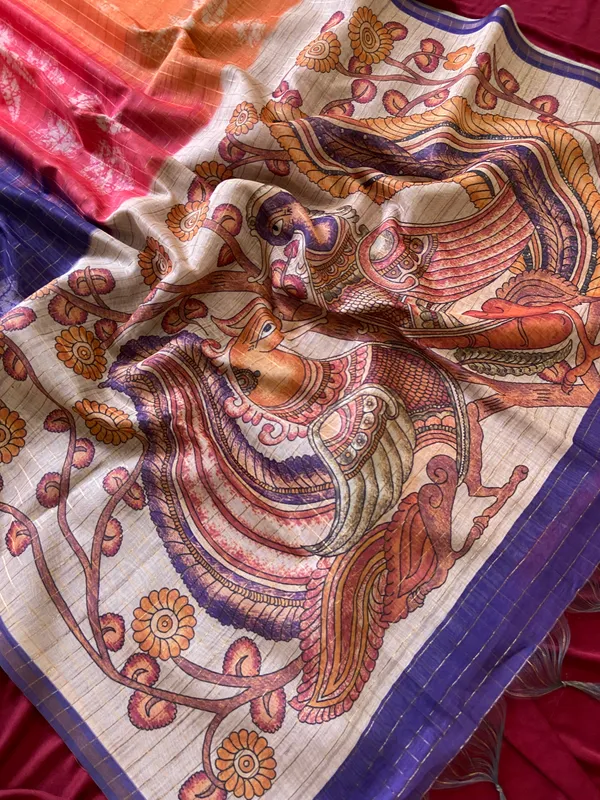 Soft_Tussar_Silk_sarees_with_Beautiful_Style_Of_Kalamkari_Digital_Print_With_Attractive_Border_And_Contrast_Print_Blouse_With_Tassels