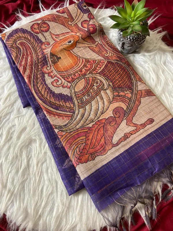 Soft_Tussar_Silk_sarees_with_Beautiful_Style_Of_Kalamkari_Digital_Print_With_Attractive_Border_And_Contrast_Print_Blouse_With_Tassels