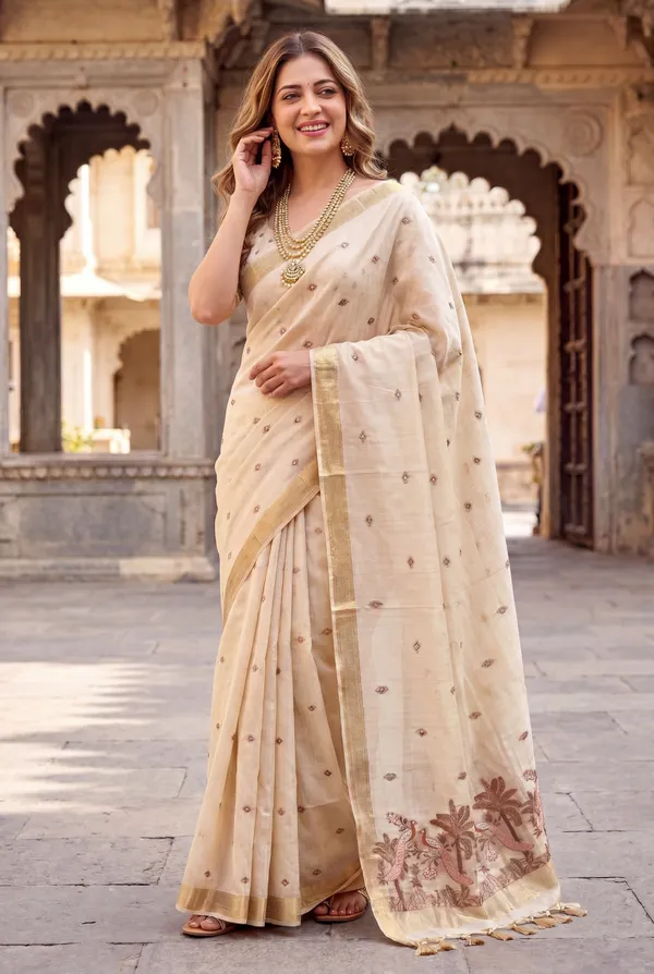 Premium_Soft_Muga_Cotton_sarees_with_Beautiful_Colourfull_Resham_Weaving__Peacock_Design_Pallu_With_Attractive_Traditional_Zari_Weaving__With_All_Over__Resham_Weaving__And_Resham_Weaving_Butti_Blouse_With_Fancy_Tassels