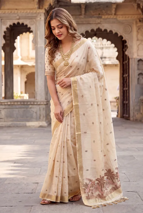 Premium_Soft_Muga_Cotton_sarees_with_Beautiful_Colourfull_Resham_Weaving__Peacock_Design_Pallu_With_Attractive_Traditional_Zari_Weaving__With_All_Over__Resham_Weaving__And_Resham_Weaving_Butti_Blouse_With_Fancy_Tassels