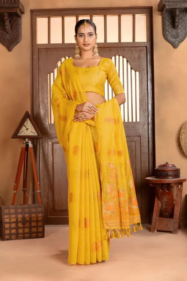 Premium_Soft_Muga_Cotton_sarees_with_Beautiful_?Colourfull_Resham_Weaving__Flower_Design_Pallu_With_Attractive_Traditional_Zari_Weaving__With_All_Over__Resham_Weaving__And_Resham_Weaving_Butti_Blouse_With_Fancy_Tassels