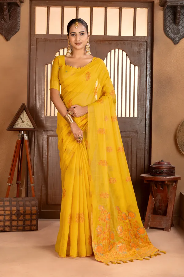 Premium_Soft_Muga_Cotton_sarees_with_Beautiful_?Colourfull_Resham_Weaving__Flower_Design_Pallu_With_Attractive_Traditional_Zari_Weaving__With_All_Over__Resham_Weaving__And_Resham_Weaving_Butti_Blouse_With_Fancy_Tassels