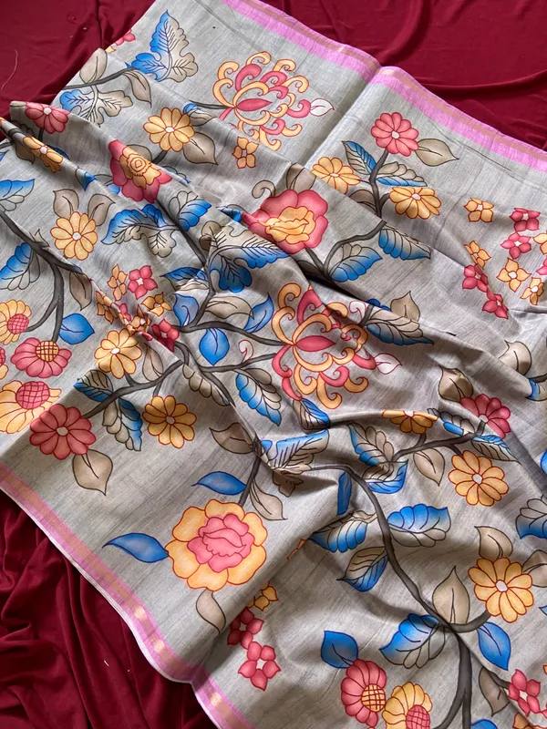 Soft_Tussar_Silk_sarees_with_Beautiful_Srikalahasti_Style_Of_Kalamkari_Print_With_Attractive_Border_And_Contrast_Print_Blouse_With_Tassels