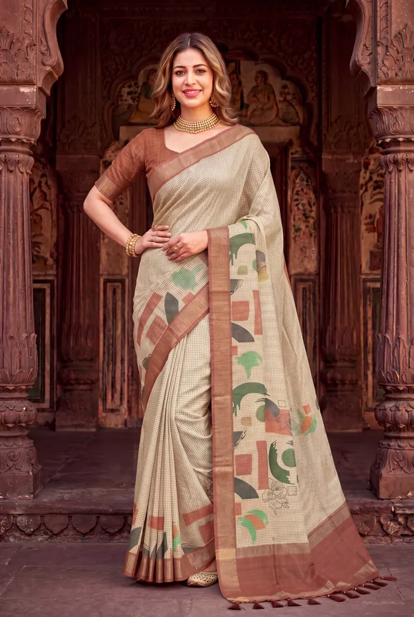 Soft_Tussar_Silk_sarees_with_Beautiful_Digital_Print_With_Attractive_Checks_Design_Saree_And_Digital_Print_Blouse_With_Tassels