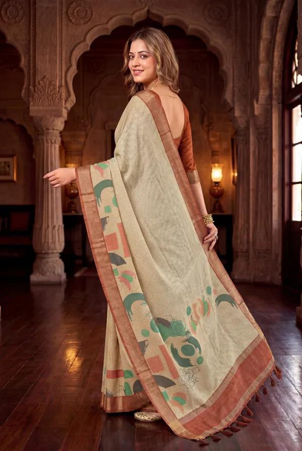 Soft_Tussar_Silk_sarees_with_Beautiful_Digital_Print_With_Attractive_Checks_Design_Saree_And_Digital_Print_Blouse_With_Tassels