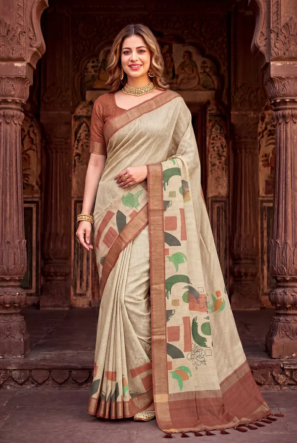 Soft_Tussar_Silk_sarees_with_Beautiful_Digital_Print_With_Attractive_Checks_Design_Saree_And_Digital_Print_Blouse_With_Tassels