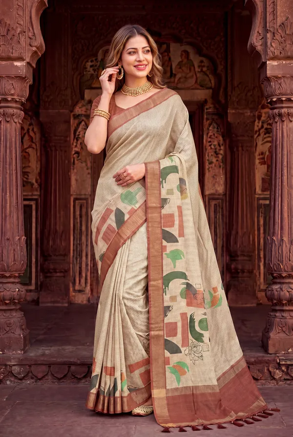Soft_Tussar_Silk_sarees_with_Beautiful_Digital_Print_With_Attractive_Checks_Design_Saree_And_Digital_Print_Blouse_With_Tassels