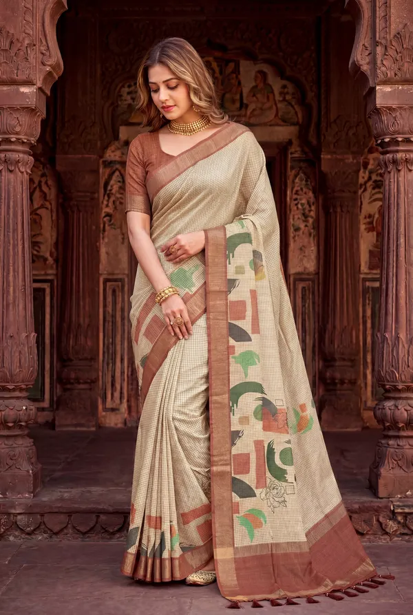 Soft_Tussar_Silk_sarees_with_Beautiful_Digital_Print_With_Attractive_Checks_Design_Saree_And_Digital_Print_Blouse_With_Tassels