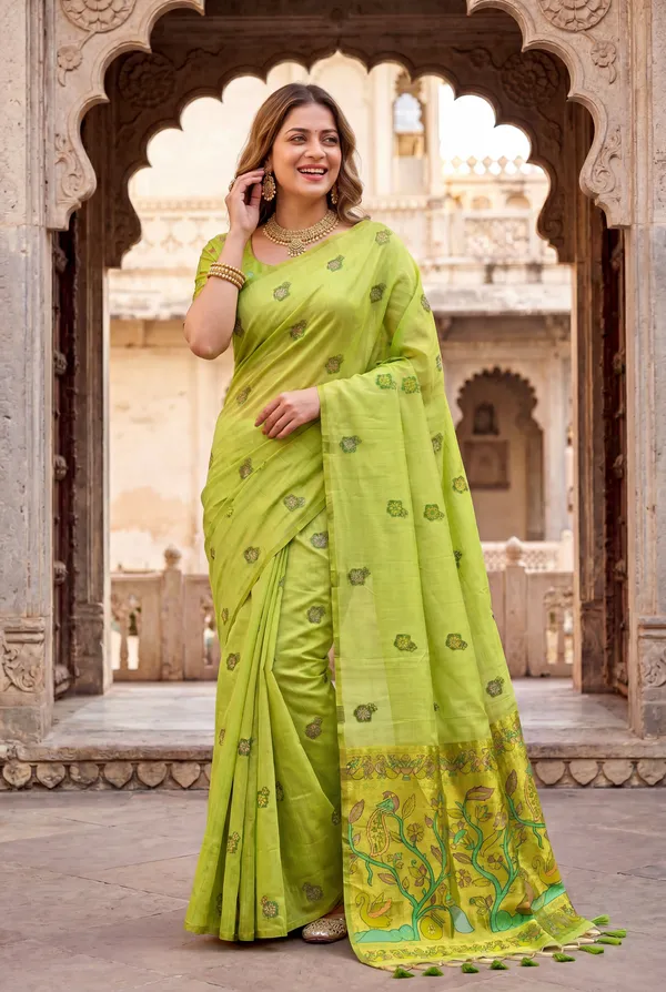 Premium_Soft_Muga_Cotton_Paithani_sarees_with_Beautiful_Weaving_Design_Featuring_Jungle_Theme_And_Swan_Motifs_Pallu_With_Attractive_All_Over_Resham_Weaving_Butti_Design_And_Resham_Weaving_Butti_Blouse_With_Fancy_Tassels