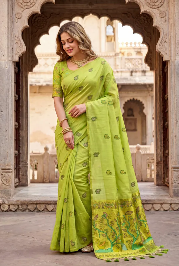 Premium_Soft_Muga_Cotton_Paithani_sarees_with_Beautiful_Weaving_Design_Featuring_Jungle_Theme_And_Swan_Motifs_Pallu_With_Attractive_All_Over_Resham_Weaving_Butti_Design_And_Resham_Weaving_Butti_Blouse_With_Fancy_Tassels