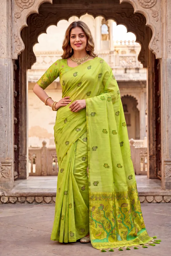 Premium_Soft_Muga_Cotton_Paithani_sarees_with_Beautiful_Weaving_Design_Featuring_Jungle_Theme_And_Swan_Motifs_Pallu_With_Attractive_All_Over_Resham_Weaving_Butti_Design_And_Resham_Weaving_Butti_Blouse_With_Fancy_Tassels