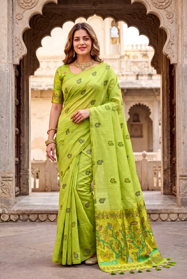 Premium_Soft_Muga_Cotton_Paithani_sarees_with_Beautiful_Weaving_Design_Featuring_Jungle_Theme_And_Swan_Motifs_Pallu_With_Attractive_All_Over_Resham_Weaving_Butti_Design_And_Resham_Weaving_Butti_Blouse_With_Fancy_Tassels