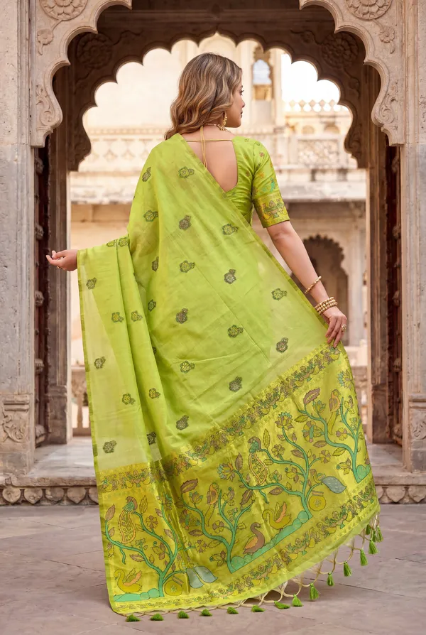 Premium_Soft_Muga_Cotton_Paithani_sarees_with_Beautiful_Weaving_Design_Featuring_Jungle_Theme_And_Swan_Motifs_Pallu_With_Attractive_All_Over_Resham_Weaving_Butti_Design_And_Resham_Weaving_Butti_Blouse_With_Fancy_Tassels