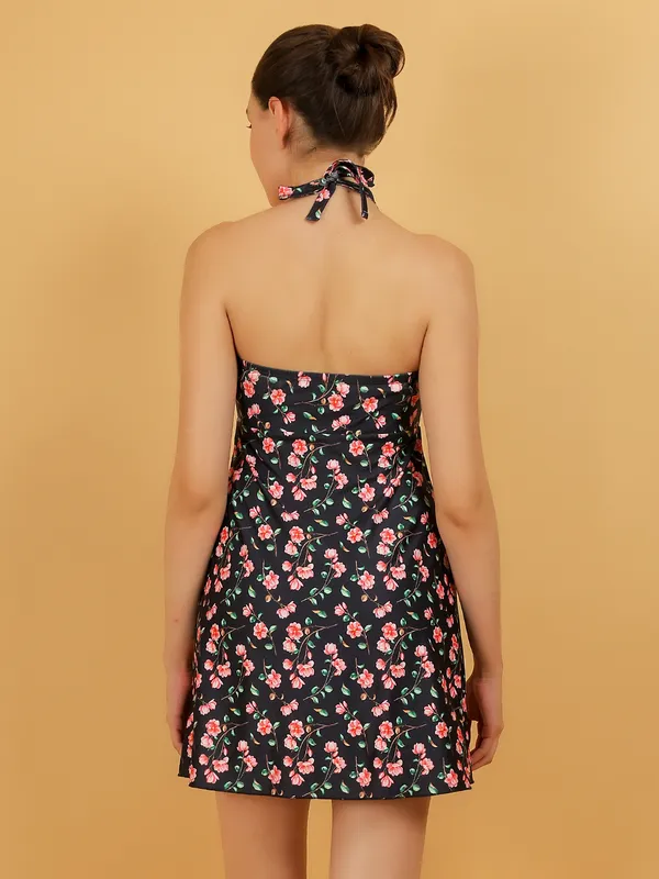 Black_Athletic_Printed_Halter_Neck_Frock_Style_Attached_Short_One_Piece_Swimdress_For_Women_&_Girls