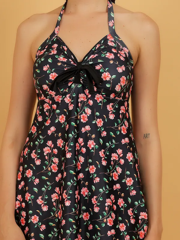 Black_Athletic_Printed_Halter_Neck_Frock_Style_Attached_Short_One_Piece_Swimdress_For_Women_&_Girls
