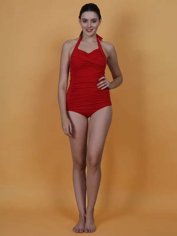 Red_Halter_Neck_Tummy_Control_One_Piece_Vintage_Retro_Romper_Tankini_Swimsuit_For_Women_&_Girls