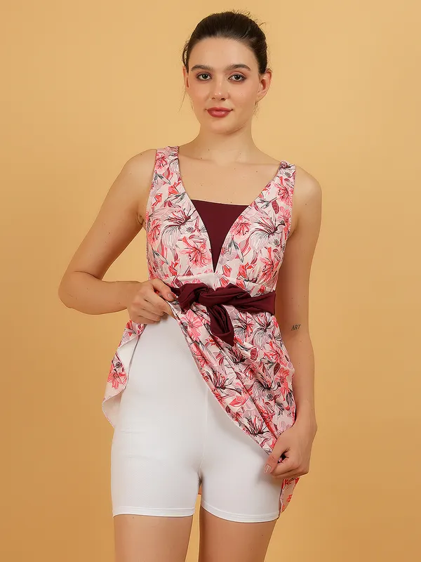 Pink_&_Wine_Athletic_Printed_Frock_Style_Front_Knot_Attached_Short_One_Piece_Swimdress_For_Women_&_Girls