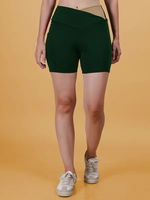 Bottle_Green_&_Beige_Dry_Fit_High_Waist_Fitness_Athletic_Workout_Running_Yoga_Shorts_With_Deep_Pocket_For_Women_&_Girls