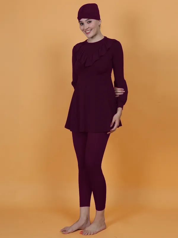 Wine_Ruffle_Hem_Full_Coverage_Long_Sleeve_3_Pc_Swimwear_For_Women_&_Girls