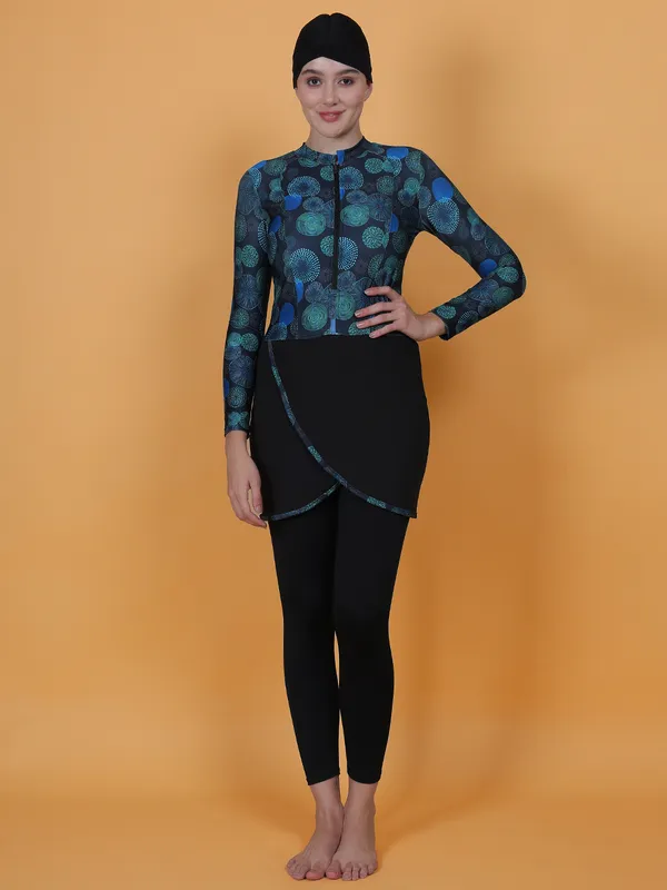 Green_&_Black_Printed_Muslim_Full_Coverage_Long_Sleeve_3_Pc_Swimwear_For_Women_&_Girls