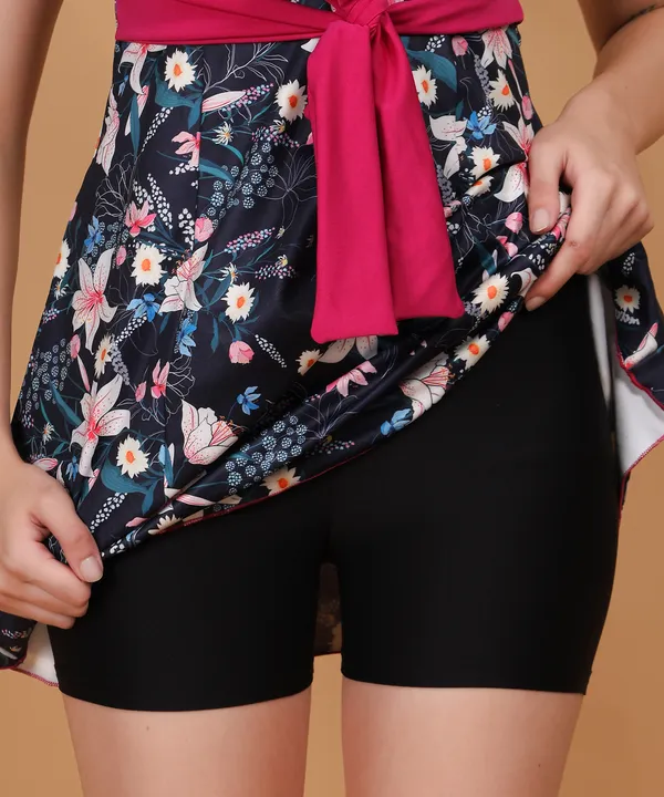Navy_&_Pink_Athletic_Printed_Frock_Style_Front_Knot_Attached_Short_One_Piece_Swimdress_For_Women_&_Girls