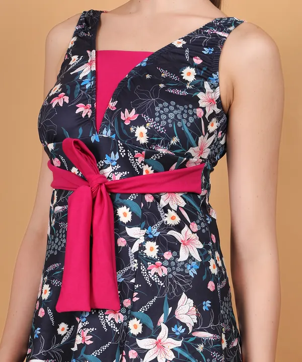 FYTTE_Athletic_Printed_Frock_Style_Front_Knot_Attached_Short_One_Piece_Swimdress_Swimwear_NavyPinkFloralPink